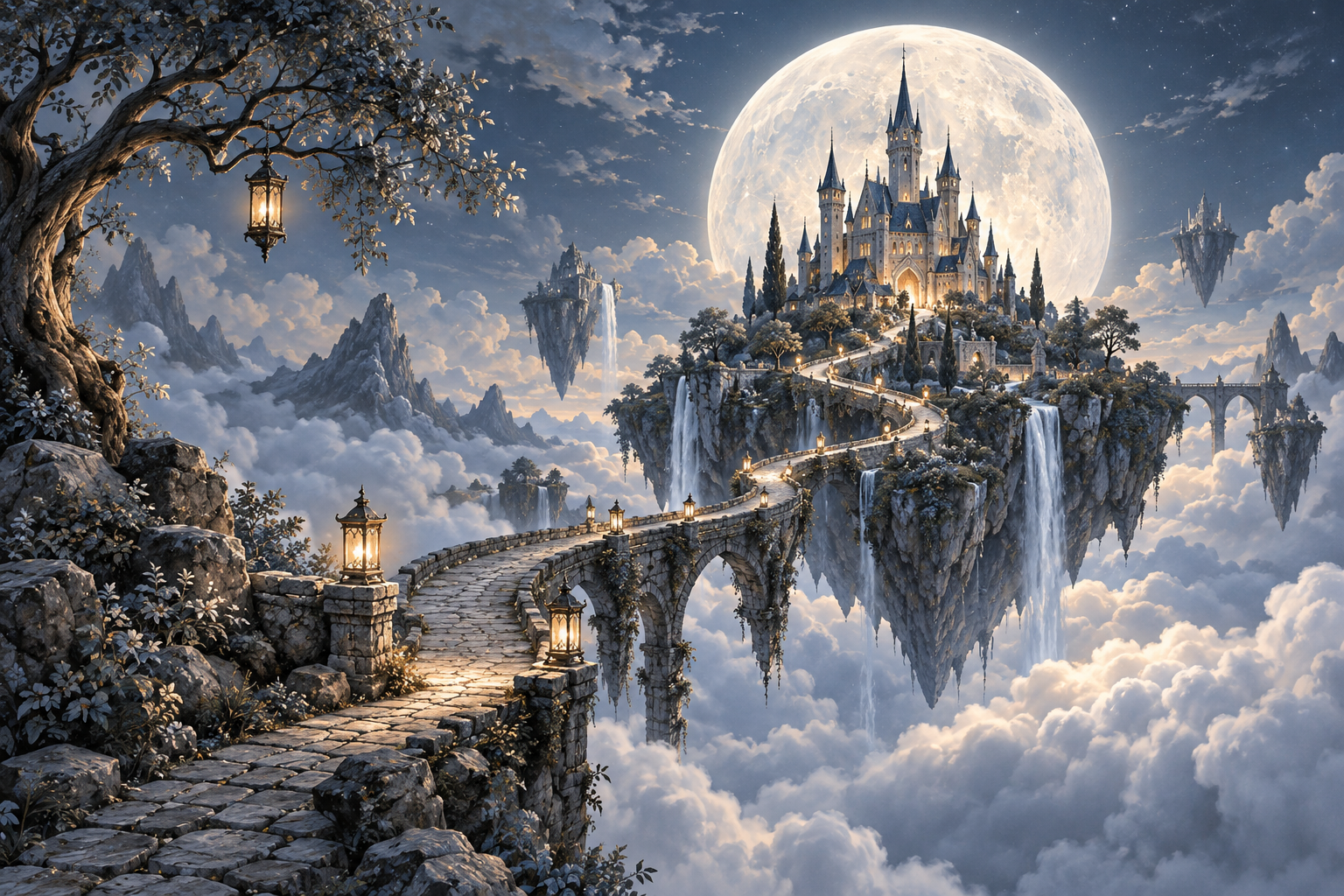 floating storybook island with castle and winding path under huge moon, elegant painterly fantasy illustration blue bronze and cream